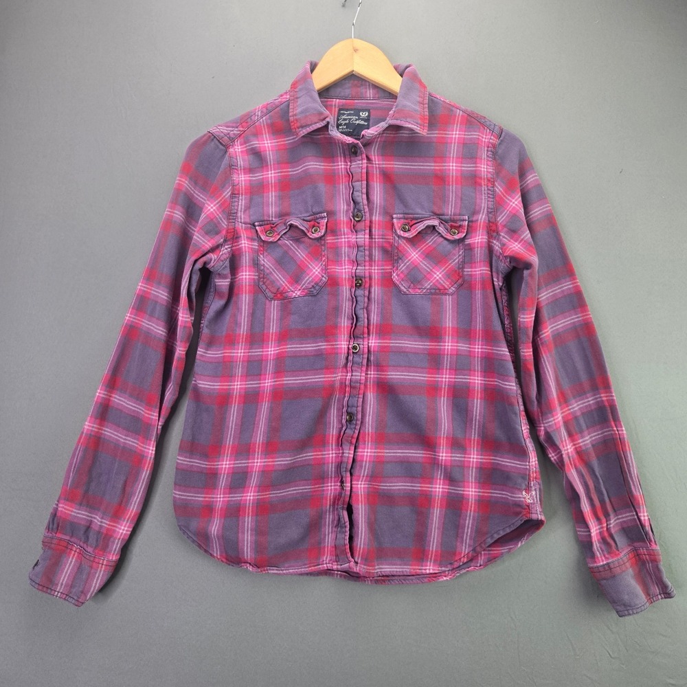 American Eagle Flannel Shirt Favorite Fit Size M Purple Pink Plaid Button Up L/S